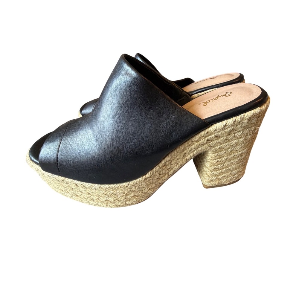 Qupid Black Faux Leather Espadrille Platform Mule Sandals Peep Toe Block Heel 10 - Picture 3 of 8